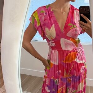 Pink Floral V-Neck Tiered Maxi Dress